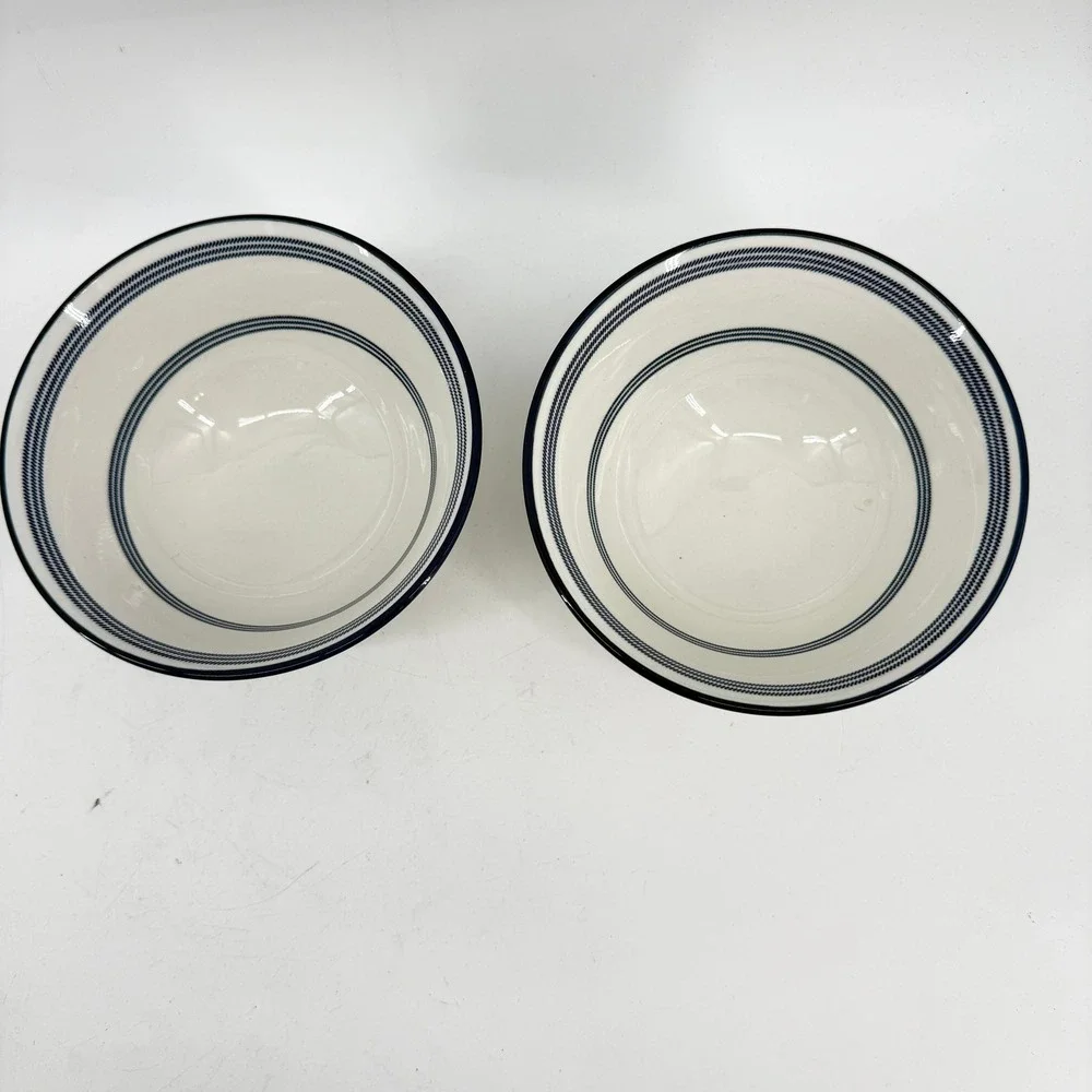 Cereal Bowls Set of 2 White Navy Blue Striped Nautical Coastal Style Tall Soup